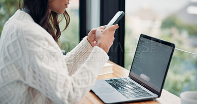 Buy stock photo Hands, phone and remote work with woman in home for planning, research or text message at window. App, contact and laptop with freelance employee at desk in apartment for communication or typing