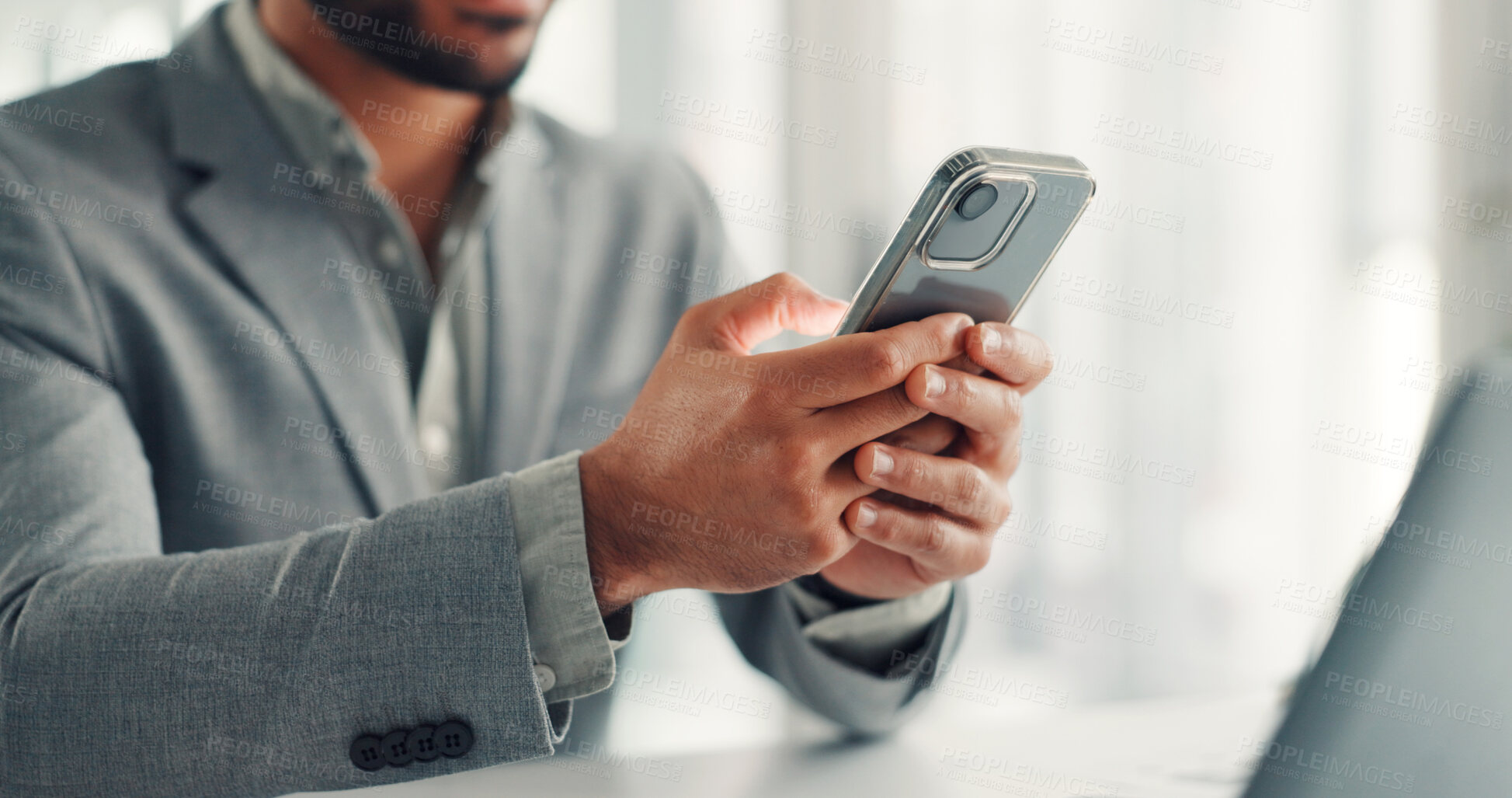 Buy stock photo Phone, hands and businessman in office with networking, communication or email on mobile app. Typing, technology and male person with cellphone for contact, texting or research online in workplace.