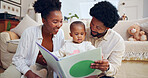 Happy, black family and dinosaur book with child in home for story, bonding or childhood development. Mom, dad and reading with toddler, kids novel or smile for learning or fantasy together in house