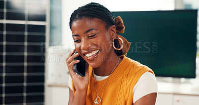 Buy stock photo Solar power, woman or happy with phone call in office for energy audit, technical guidance or update. Performance analyst, black person and contact client at sustainable job for PV upgrade and advice