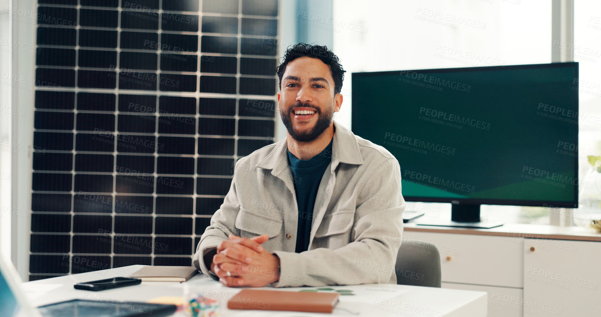 Buy stock photo Portrait, business and man with solar panel in office for career pride, about us and project. Smile, person and ambition of environment awareness, green energy presentation and photovoltaic solution