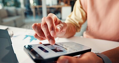 Buy stock photo Phone screen, hands and man in office with scrolling for blog post on affiliate marketing on mobile app. Cellphone, technology and closeup of employee on website for reading headline in workplace.