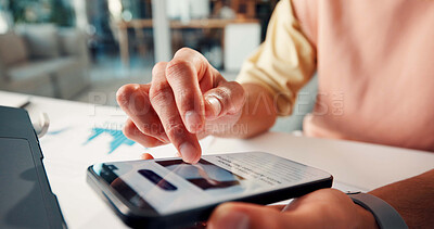 Buy stock photo Phone screen, hands and man in office with scrolling for blog post on affiliate marketing on mobile app. Cellphone, technology and closeup of employee on website for reading headline in workplace.