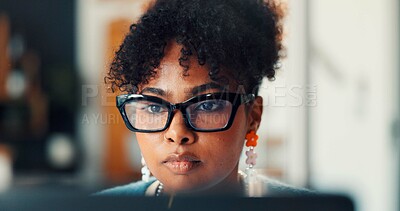 Buy stock photo Glasses, woman or laptop with reading at agency for newsletter revision, editing draft or research. Creative, editor and spectacles in office for proofreading blog, column review or story publication