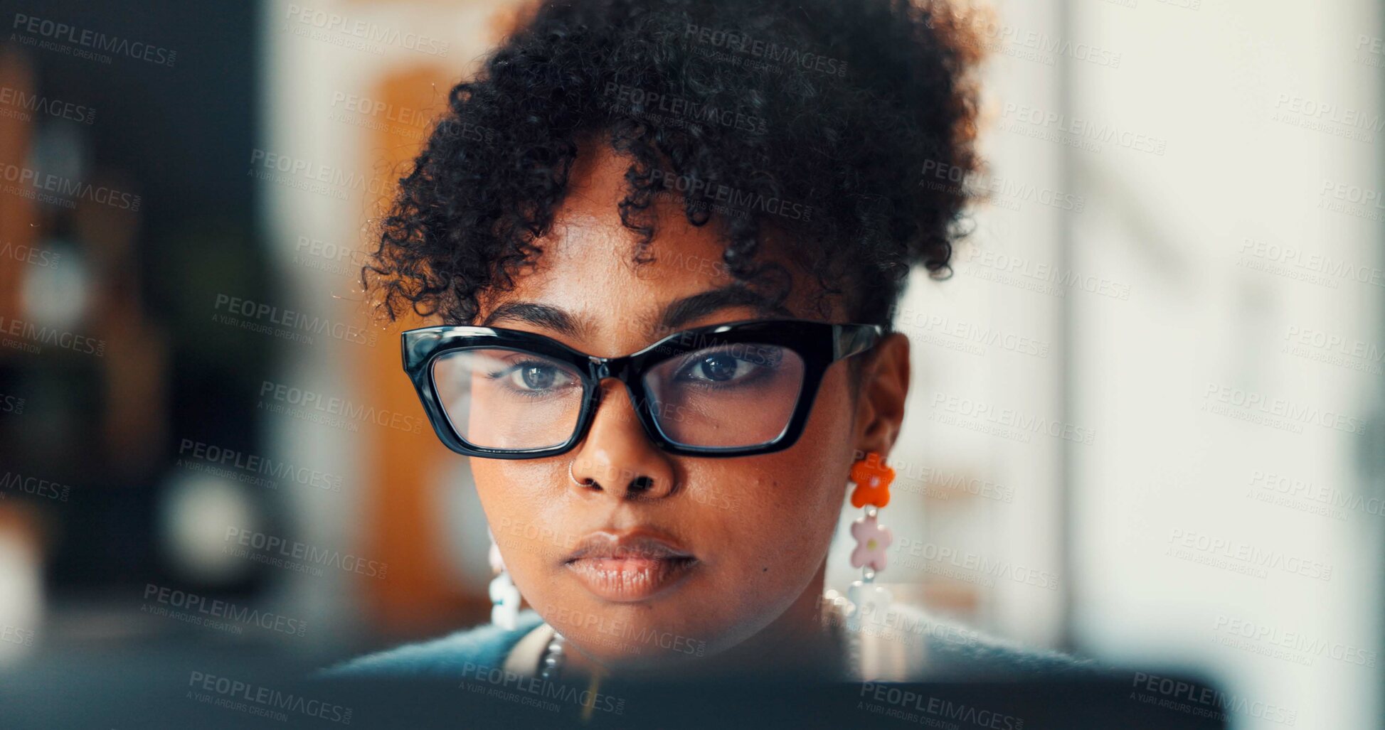 Buy stock photo Glasses, woman or laptop with reading at agency for newsletter revision, editing draft or research. Creative, editor and spectacles in office for proofreading blog, column review or story publication