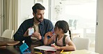 Homework, father and study with child in home for learning, education and tutor help. Student, alphabet card and knowledge support with girl and man in family house for project and solution together