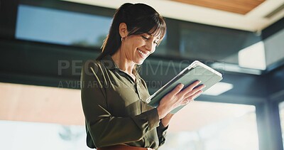 Buy stock photo Woman, realtor and smile with tablet, property management or service review in office. Below, mature estate agent and digital tech in agency for commission update, app scroll or thinking for research