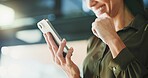 Happy woman, hands and social media with phone in office for online connection, network or app. Closeup, female person or employee with smile on mobile smartphone for internet connectivity or post