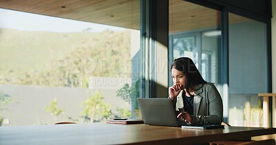 Buy stock photo Attorney, woman or thinking with laptop in boardroom, legal research or lawsuit revision for labor law case. Justice, pc or lawyer with insight for dismissal dispute, assemble evidence or preparation