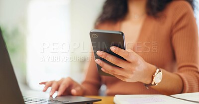 Buy stock photo Texting, employee and hands with smartphone, online and journalist with research on social media app. Newsroom, info and person with mobile for message, fact checking and communication with source
