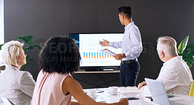 Buy stock photo Business people, presentation and man in boardroom with screen, data analysis and stats discussion. Team, meeting and pointing in office with tech for communication, graphs and analytics feedback.