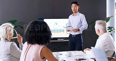 Buy stock photo Team, presentation and man in boardroom with screen, data analysis and finance stats discussion. Business people, meeting and talking in office with financial document, graphs and analytics feedback.