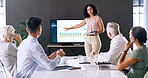 Screen, business woman and presentation with graphs in meeting for finance, metrics or paperwork. Presenter, monitor and team in office with data for investment analysis, KPI or performance document