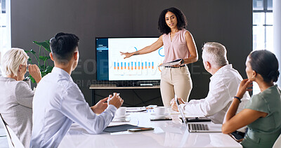 Buy stock photo Screen, business woman and presentation with graphs in meeting for finance, metrics or paperwork. Presenter, monitor and team in office with data for investment analysis, KPI or performance document
