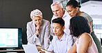 Business people, meeting and review in boardroom with laptop, investment discussion and finance report. Team, strategy or talking in workplace with computer, financial growth and funding opportunity.