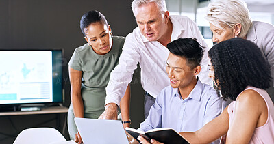 Buy stock photo Laptop, meeting and business people in office with notebook for research with finance report. Discussion, computer and team of financial advisors with feedback on investment proposal in workplace.