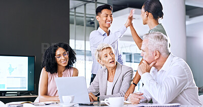 Buy stock photo High five, laptop and business people in meeting, talking and financial advisor with stock market strategy. Group, men and women in office, teamwork or pc with success, profit goals or achievement