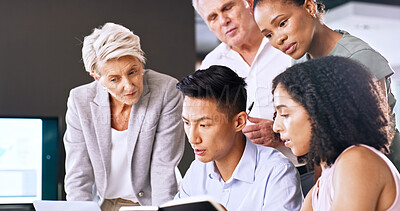 Buy stock photo Teamwork, meeting and business people in office with notebook for research with finance report. Discussion, reading and group of financial advisors with feedback on investment proposal in workplace.