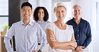 Buy stock photo Realtor, portrait or staff in agency with smile, career or pride as property sellers. About us, people or real estate group in office with confidence, experience or friendly service in housing market