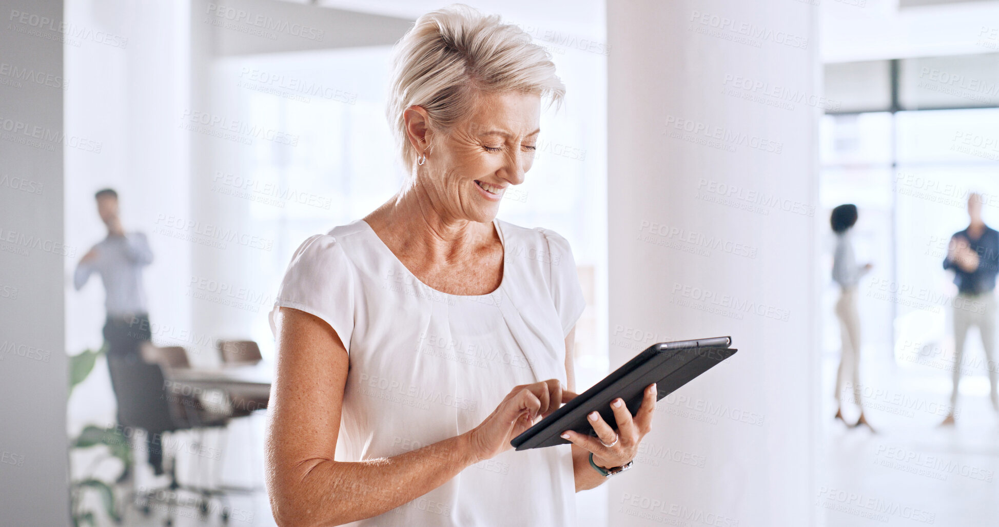 Buy stock photo Business, tablet or woman in workplace, financial advisor or internet with email for inflation info. mature Person, investor or employee with tech, trading portfolio or digital app for finance review