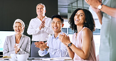 Buy stock photo Happy, meeting and business people with applause in office,  achievement or teamwork for project success. Winning, clapping and employees together to celebrate, good news or victory for company goals