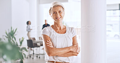 Buy stock photo Arms crossed, leadership and portrait of business woman in office with colleagues for meeting. About us, experience and management with mature boss in corporate workplace for company development