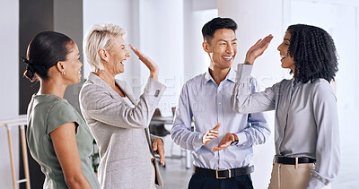 Buy stock photo Business people, applause and high five in office for success, support and target achievement. Team, excited and hands together for celebration, clapping and goal accomplishment with collaboration