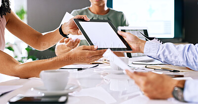 Buy stock photo Hands, meeting and tablet screen with business people in boardroom for planning or project management. Collaboration, documents and mockup space with employee group in office for digital feedback