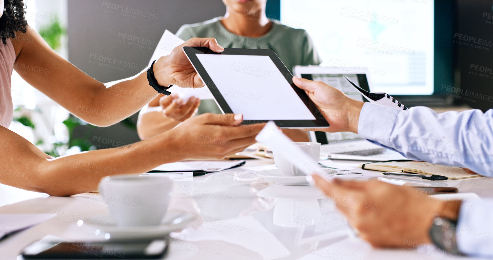 Buy stock photo Hands, meeting and tablet screen with business people in boardroom for planning or project management. Collaboration, documents and mockup space with employee group in office for digital feedback
