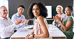 Meeting, clapping hands and portrait of businesswoman in office for job promotion, achievement or goal. Happy, applause and female financial manager with team for good news on career development.
