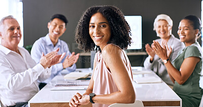 Buy stock photo Meeting, clapping hands and portrait of businesswoman in office for job promotion, achievement or goal. Happy, applause and female financial manager with team for good news on career development.