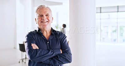 Buy stock photo Realtor, portrait or man in office with arms crossed, pride or career as property seller. Smile, mature or real estate agent in workplace with confidence, experience or profession in housing market