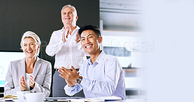 Buy stock photo Meeting, applause or business people with smile in office,  achievement or teamwork for project success. Winning, clapping or staff together to celebrate good news, space or victory for company goals