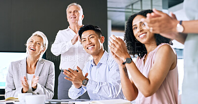 Buy stock photo Applause, business meeting and team with smile in office, achievement and good news for project success. Winning, clapping and people together to celebrate, collaboration or victory for company goals