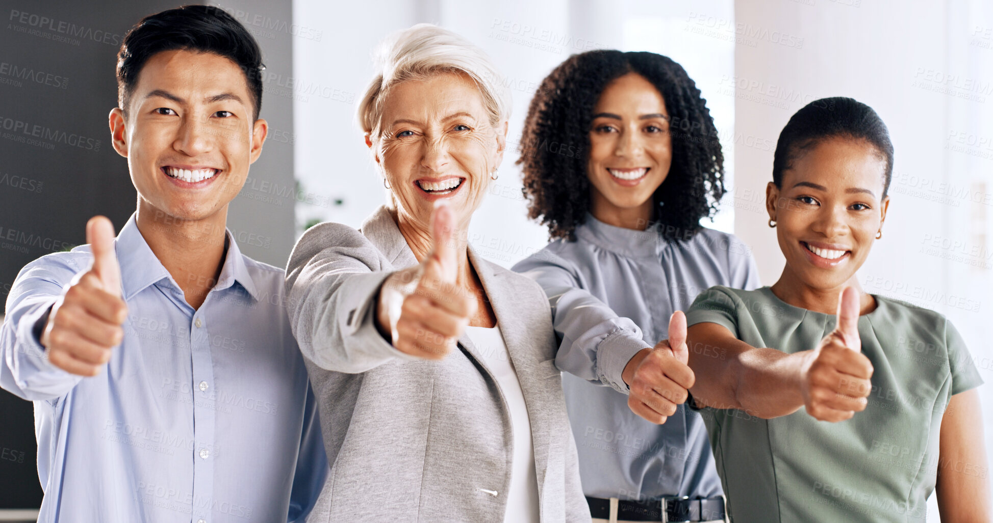 Buy stock photo Portrait, corporate and people with thumbs up in office for real estate, agreement and team success. Smile, staff and like gesture for realtor solidarity, yes emoji and approval for property auction