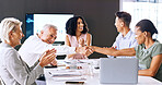 Business people, clap and shaking hands in office meeting for success, well done or support. Excited team, applause and handshake for employee recognition, congratulations or partnership celebration