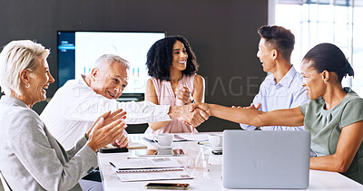Buy stock photo Business people, clap and shaking hands in office meeting for success, well done or support. Excited team, applause and handshake for employee recognition, congratulations or partnership celebration