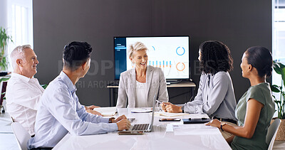 Buy stock photo Business people, smile and meeting in boardroom with data analysis, budget goals or finance discussion. Happy, team or conversation in workplace with financial planning target, feedback or analytics.