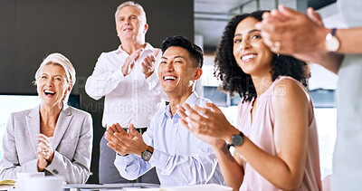 Buy stock photo Happy team, applause and business meeting in office,  achievement and good news for project success. Winning, clapping and people together to celebrate, collaboration and victory for company goals