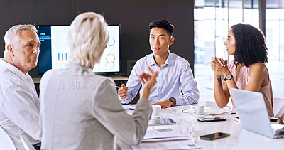 Buy stock photo Business people, meeting and discussion in boardroom with data analysis, finance report or stats review. Team, talk or collaboration in office with laptop, financial graphs or feedback for analytics.