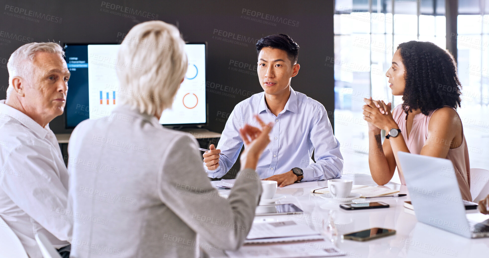 Buy stock photo Business people, meeting and discussion in boardroom with data analysis, finance report or stats review. Team, talk or collaboration in office with laptop, financial graphs or feedback for analytics.