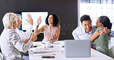 Buy stock photo High five, meeting and business people with hug in office, achievement or teamwork for project success. Winning, company growth or employees together for celebration, charts and embrace for happiness