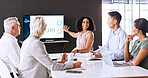Business people, presentation and woman in boardroom with screen, data analysis and stats discussion. Team, meeting and pointing in office with tech for conversation, graphs and analytics feedback.