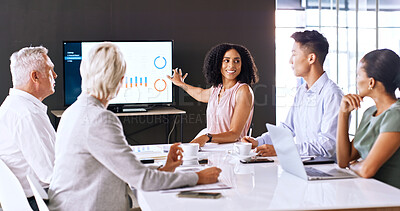 Buy stock photo Business people, presentation and woman in boardroom with screen, data analysis and stats discussion. Team, meeting and pointing in office with tech for conversation, graphs and analytics feedback.