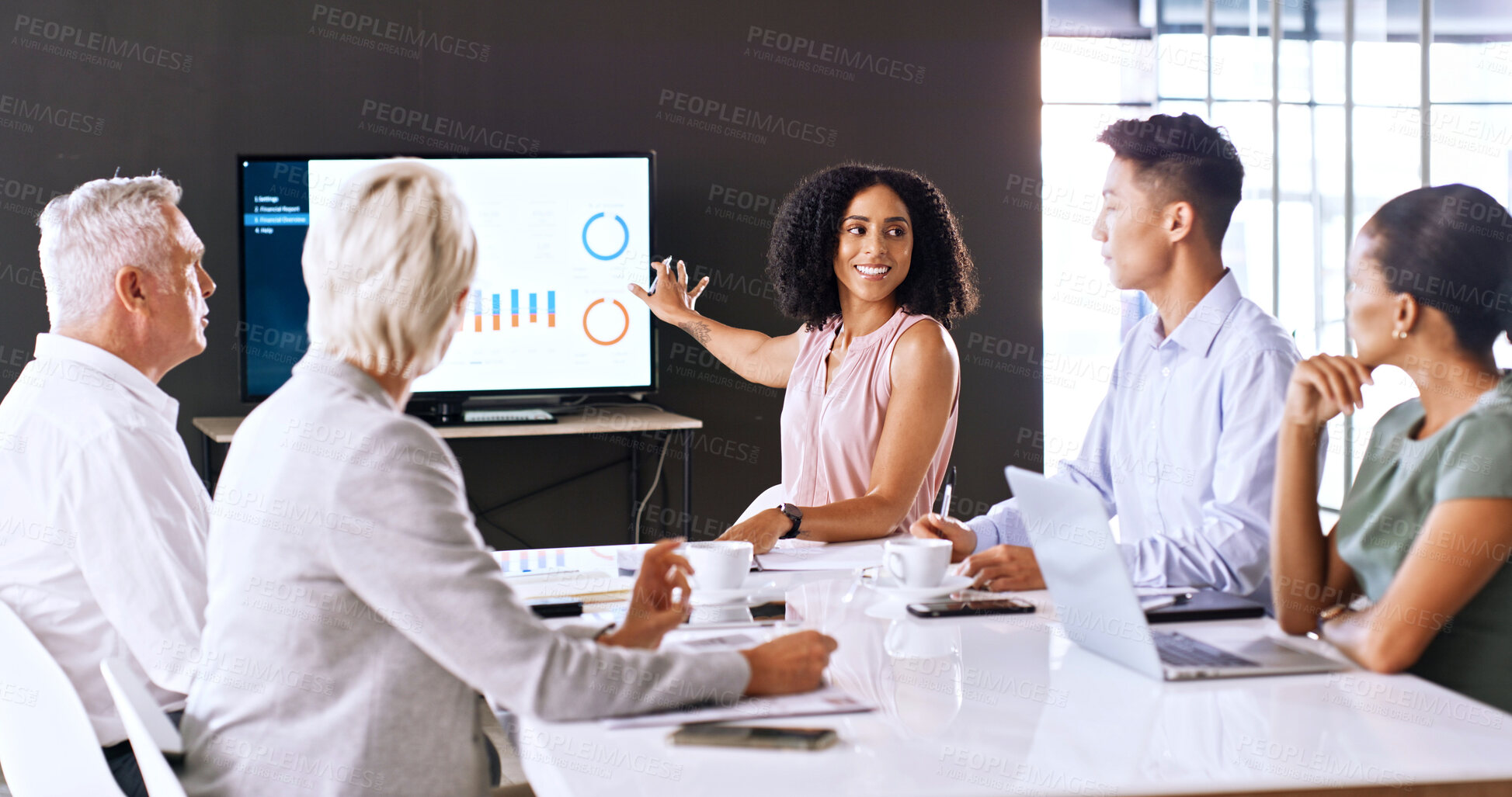 Buy stock photo Business people, presentation and woman in boardroom with screen, data analysis and stats discussion. Team, meeting and pointing in office with tech for conversation, graphs and analytics feedback.