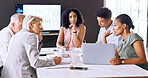 Business, team and talk in boardroom with laptop for budget proposal, finance stats or data analysis. People, meeting and discussion in office with computer, financial planning or analytics feedback.