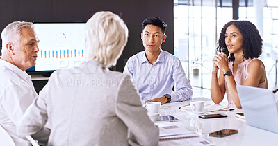 Buy stock photo Business people, meeting and talk in boardroom with data analysis, budget proposal and finance stats. Team, discussion and feedback in office with computer, financial planning and analytics report.