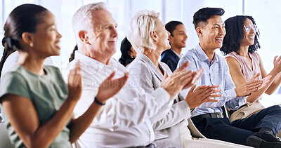 Buy stock photo Business, crowd or people in seminar with clap, achievement and celebration for firm growth. Happiness, man and woman at conference with victory, audience applause and motivation for company success.