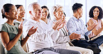 Business, audience or people in seminar with clap, achievement and celebration for firm growth. Happy, man and woman in workshop with victory, crowd applause and motivation for company success.