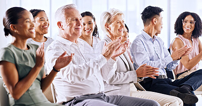 Buy stock photo Business, audience or people in seminar with clap, achievement and celebration for firm growth. Happy, man and woman in workshop with victory, crowd applause and motivation for company success.